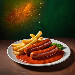 Currywurst Sausages with Curry spice on wursts served French fries