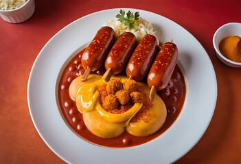 Currywurst Sausages with Curry spice on wursts served French fries
