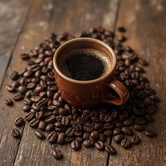 An image of a cup of warm coffee. Fresh coffee cup surrounded by beans a wooden table.