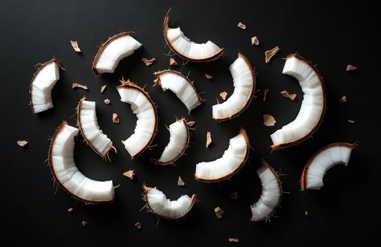 Top view shows coconut pieces over dark surface. White coconut flesh contrasts with black background. Exotic coco portions for healthy meal recipes are tasty and sweet. Vegan snack idea is good.