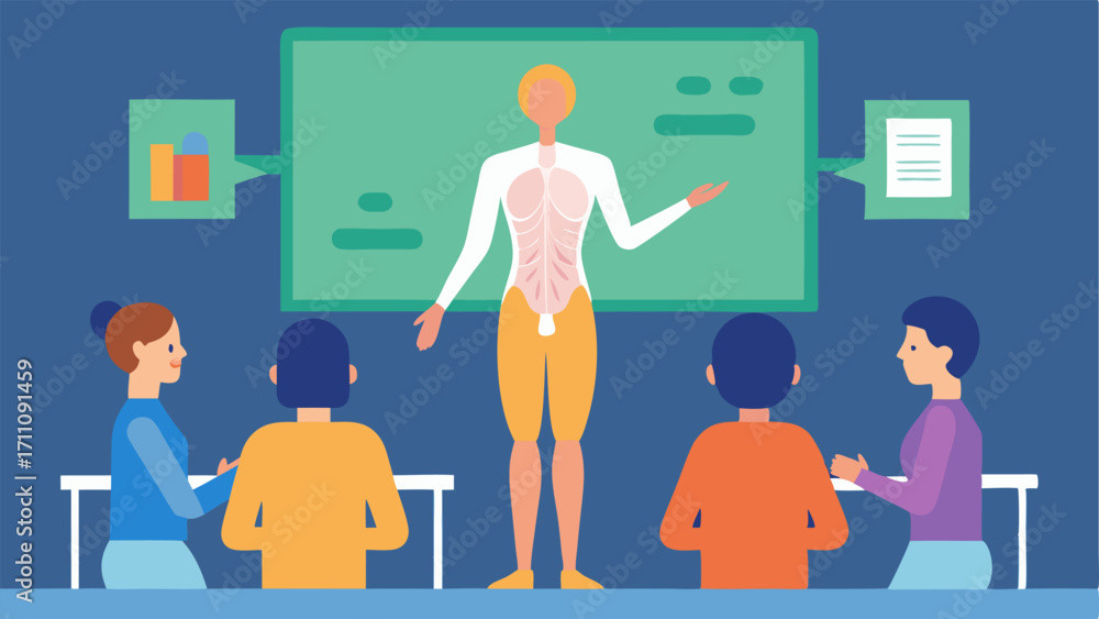 Poster educating future medical professionals a classroom scene where an instructor is using a 3d body scan