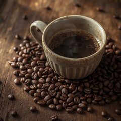 An image of a cup of warm coffee. Fresh coffee cup surrounded by beans a wooden table.