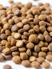 Close-up of brown and beige pet food kibble.