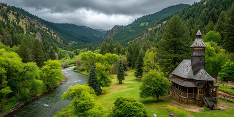 Fototapeta premium Moody Mountain River Flowing Through Pine Valley
