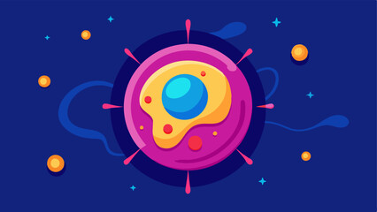Naklejka premium Cellular Landscape A stylized view of a human cell with vibrant colors showing the nucleus at the center. Tiny nanobots are depicted surrounding the cell symbolizing their role in