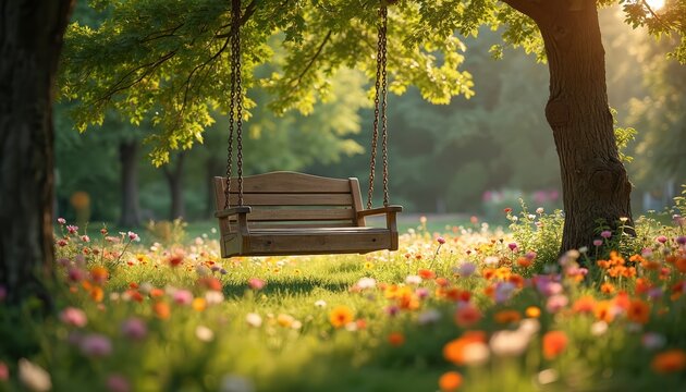 Wooden swing hangs from tree branch amidst blooming wildflowers. Sunlit garden offers peaceful, serene escape. Warm, inviting scene in rich green yard. - Powered by Adobe