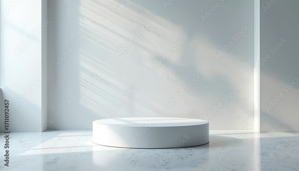 Poster white round podium or platform in a minimalist room with soft light and shadows. empty white cylinde