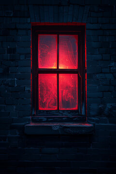 Red light emanates from a window at night
