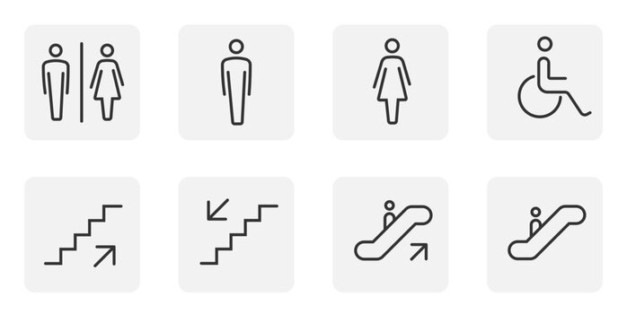 Conjunto de &iacute;conos minimalistas de se&ntilde;al&eacute;tica de ba&ntilde;os, accesibilidad y movilidad