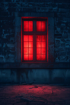 Red light emanates from a window at night