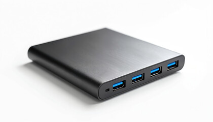 Modern black USB hub on white. It provides extra USB ports for connectivity and data transfer. Tech accessory for computers. Perfect for home office or remote work to manage file storage.