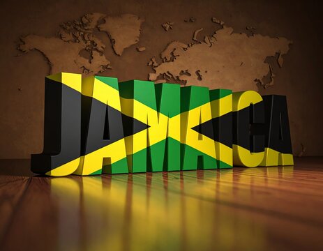 Word jamaica is overlaid with its national flag,  stands proudly on a world map, symbolizing national pride and global cultural impact. The image radiates vibrancy, identity, and island spirit.