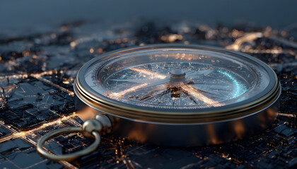A traditional compass with a holographic map display, set against a futuristic city backdrop, symbolizing the fusion of ancient navigation tools and modern urban exploration
