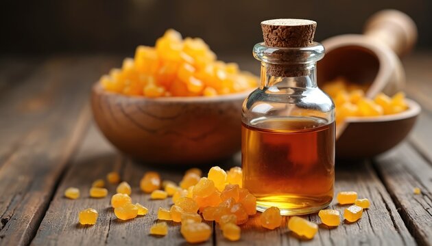 Guggul resin and extract on wooden table. Small glass bottle with guggul oil next to wooden bowl with yellow guggul resin pieces. Herbal remedy for health and wellness.