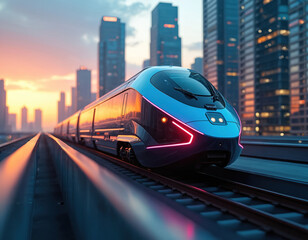 Fototapeta premium Futuristic bullet train speeds through city at sunrise. Modern public transit and smart urban mobility concept. Sleek locomotive on rails with skyline background, fast travel.
