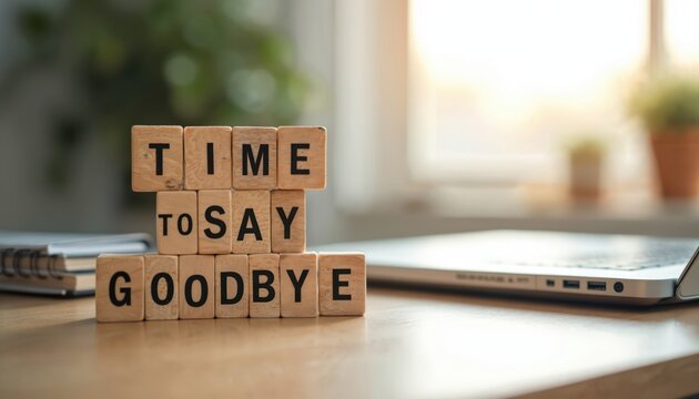 Wooden letter blocks spell Time To Say Goodbye on a desk. Soft light and blurred background suggest a wistful ending to a chapter, like retirement or resignation.