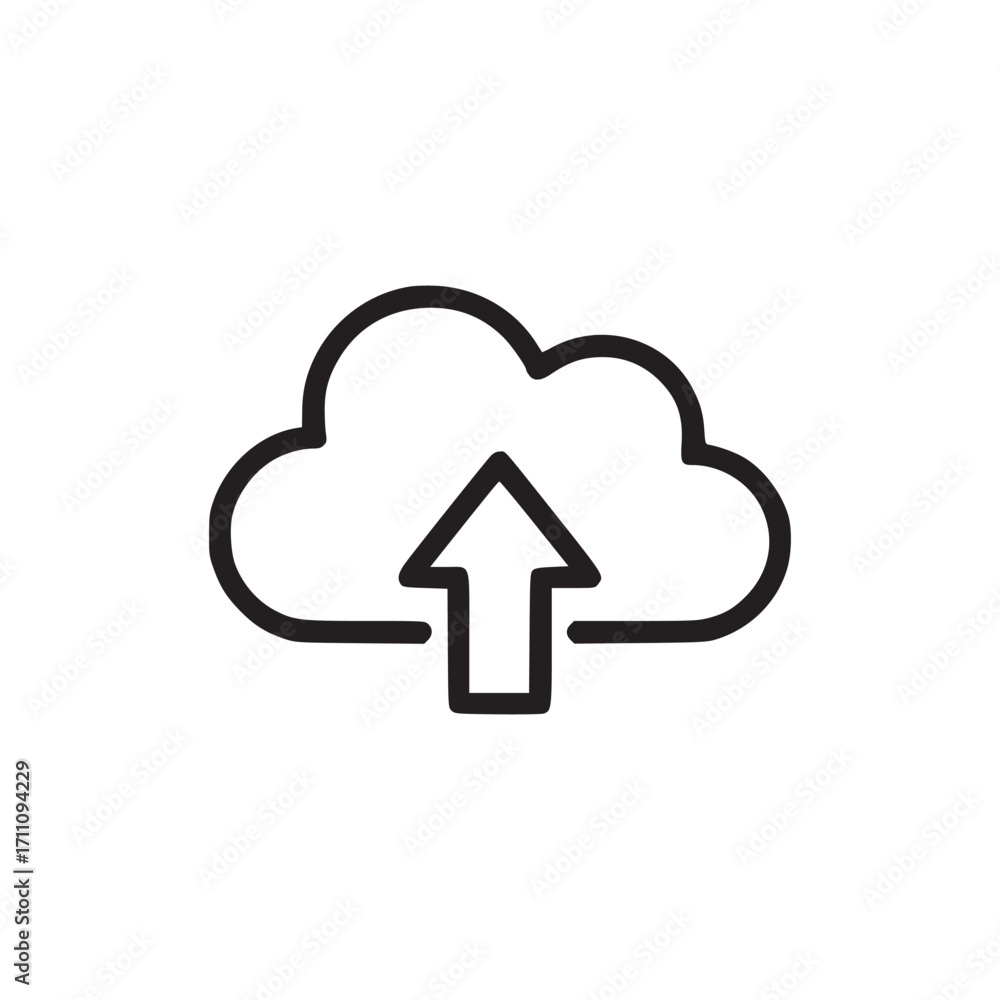 Poster illustration of a cloud upload icon the cloud and arrow are drawn with a simple, clean line style, m