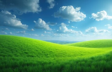 Fototapeta premium Rich green hills roll under a bright blue sky with fluffy white clouds. The sun shines gently on the expansive landscape. Vast meadow offers serene natural beauty.