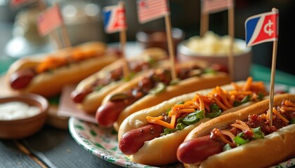 Game day hot dogs dressed with toppings and decorated with small flags. Hot dog bar setup for party or football celebration. Delicious street food for gathering.