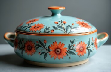 Ceramic cooking pot with handles and lid features orange floral pattern. Light blue casserole dish with lid is perfect for kitchen serving or decor.