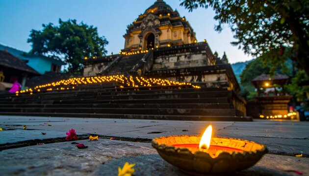 Temple steps lit by numerous candles at twilight