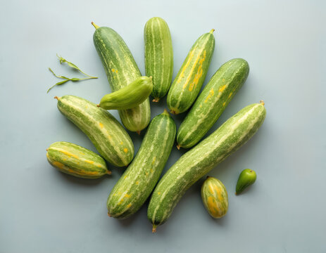 Fresh kachri fruits are displayed against light background. Several green and yellow striped cucumbers. The image shows food from India. This is a good photo for healthy eating topics.