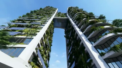 Looking up at futuristic sustainable skyscrapers with lush vertical gardens and a connecting bridge in a modern green city - Powered by Adobe