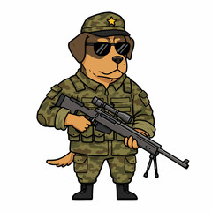 Fototapeta premium A cartoon dog dressed in military camouflage uniform holding a sniper rifle and wearing sunglasses.