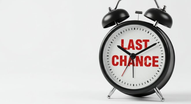 Last Chance Alarm Clock with Red Text on White Background - A Visual Metaphor for Urgency and Limited Opportunities