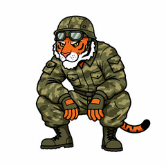 Fototapeta premium A cartoon tiger dressed in a camouflage military uniform and helmet, crouching low.