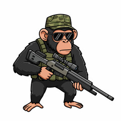 Fototapeta premium A cartoon chimpanzee dressed as a soldier, wearing sunglasses and a camouflage hat, holding a sniper rifle.