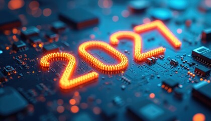 Illuminated 2027 text displayed on tech circuit board. Digital futuristic design with glowing orange numbers on abstract background. Modern tech concept represents innovation and progress in future.