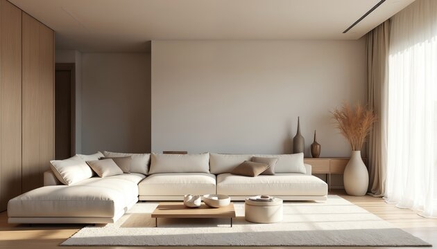 Modern bright living room interior design. Large light beige modular sofa, wood coffee table, soft rug. Sun light streams through window curtains. Cozy home decor, apartment furniture setup for
