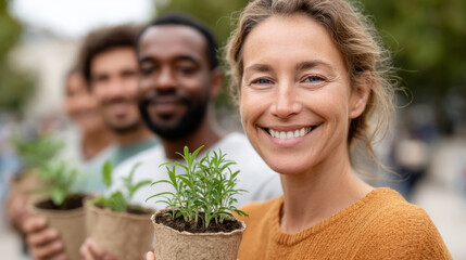 Volunteers smiling while holding seedlings in biodegradable pots for environmental conservation