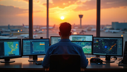 Man sits at airport control desk with multiple computer monitors. He looks out window at sunset over airfield with planes and control tower. Screens display maps and data.