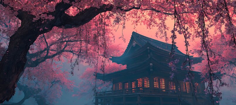 Japanese temple with cherry blossoms art print oriental architecture scenic landscape travel destination photo
