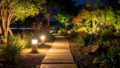 Fototapeta premium A tranquil pathway illuminated at night. Stone path winds through illuminated lush garden with flowers and trees