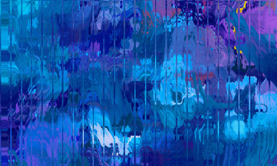 Abstract painting featuring blue purple and turquoise hues with vertical linear accents overlaying the art