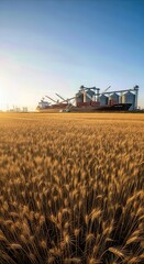 Fototapeta premium Golden wheat field near massive grain silos and a large ocean vessel at port, depicting the crucial global agricultural supply chain for cereal trade at dawn.