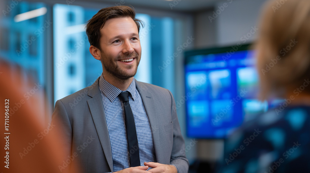 Aufkleber a smiling specialist speaks at an ai tech summit presenting innovative solutions on generic display 