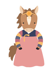 Cute horse girl in traditional Korean clothes hanbok character isolated. Hand drawn cartoon vector illustration. Flat design. Seollal holiday card, poster, banner element