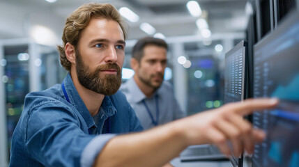 A data center manager supervises an engineer using generic node tree tools (no branded software) analyzing equipment performance screens showing data graphs server racks buzzing