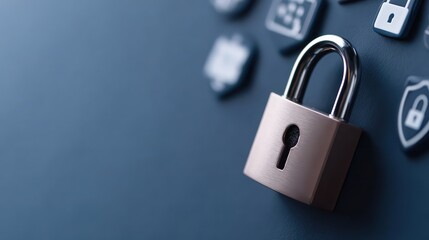 A close-up image of a metallic padlock against a dark blue background, surrounded by various icons related to security, This visual can be used to represent security, protection