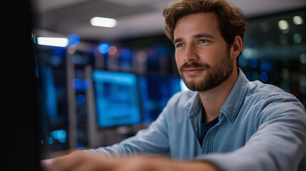 Fototapeta premium A data center computer scientist works on AI application databases on a generic testing console testing algorithms on an PC server racks glowing screens showing improvements