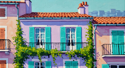 Obraz premium Cozy apartment with watercolor paintings of geraniums on balcony overlooking a vibrant cityscape through large windows, ideal for wallpaper, home decor, wall art, frame tv art and prints