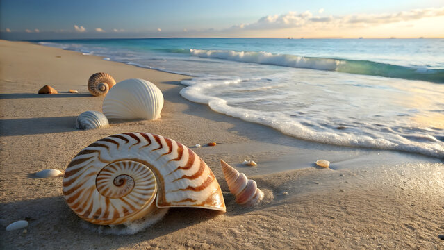 A collection of beautiful seashells&mdash;spiraled conchs, delicate cowries, scallop shells with soft ridges, and pearly fragments&mdash;rests gently on warm golden sand at the water&rsquo;s edge of a pristine sandy be