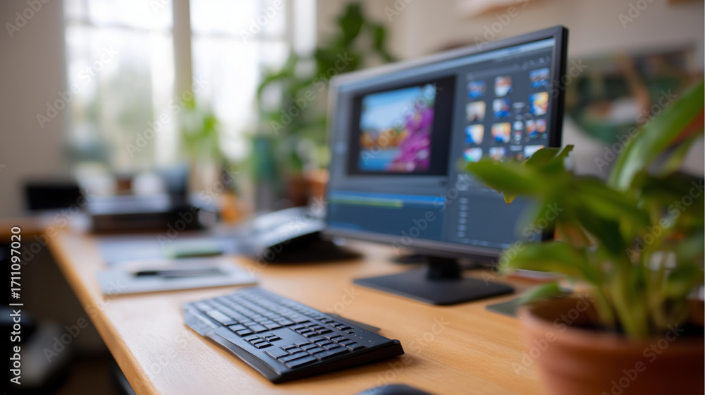 Aufkleber a creative workspace with dual monitors for graphic designers using ai chatbots for content creation