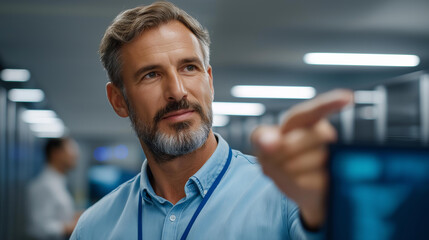 A manager in a high tech data center leads a team meeting delegating tasks to technicians pointing at a screen with AI supercomputer diagnostics on a generic interface server