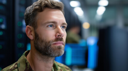 A close up of an army tech expert in a data center runs AI threat simulations on generic security consoles screens showing neural network data server racks humming AI threat