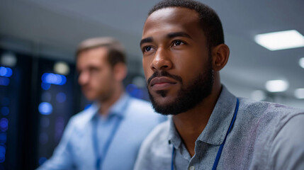 African American system admins in a data center monitor AI LLM visualizations on generic model dashboards screens showing machine learning processes server racks humming AI